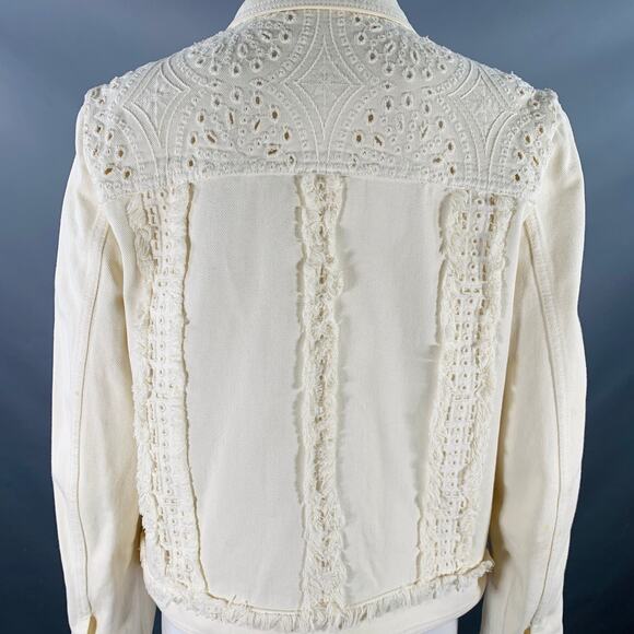 ETRO Size M Cream Eyelet Denim Fringe Trucker Jacket Blazer - Picture 5 of 10